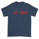 Navy T-Shirt with Red Love & Loyalty Logo and small back outer tag logo.