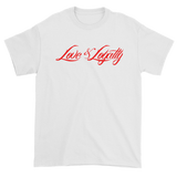 White T-Shirt with Red Love & Loyalty Logo and small back outer tag logo.