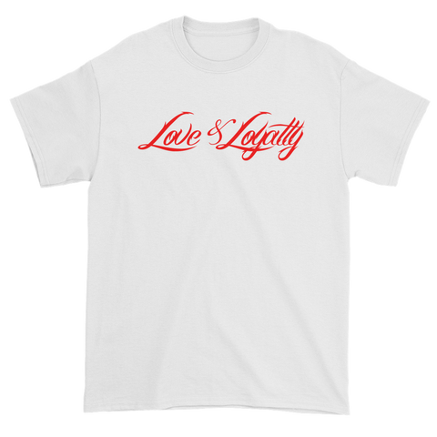 White T-Shirt with Red Love & Loyalty Logo and small back outer tag logo.