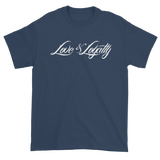 Navy T-Shirt with White Love & Loyalty Logo and small back outer tag logo.