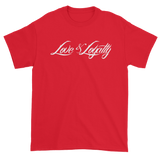Red T-Shirt with White Love & Loyalty Logo and small back outer tag logo.