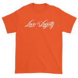 Orange T-Shirt with White Love & Loyalty Logo and small back outer tag logo.