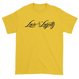 Yellow T-Shirt with Black Love & Loyalty Logo and small back outer tag logo.