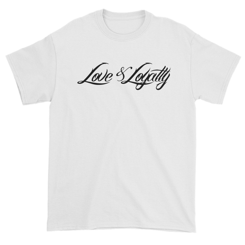 White T-Shirt with Black Love & Loyalty Logo and small back outer tag logo.
