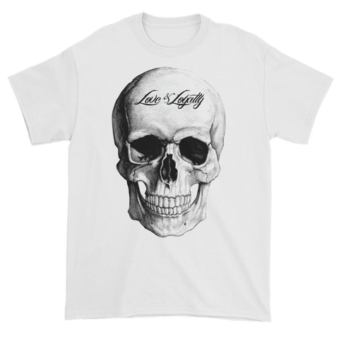 White T-Shirt with large white Skull Graphic.